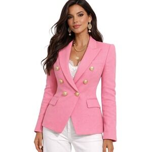 Balmain Paris Pink Double Breasted Piqué Blazer Gold Buttons FR36 US 4 NWT